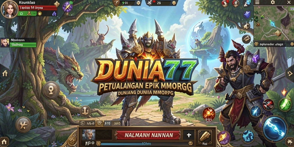 Tangkapan layar utama DUNIA77 menunjukkan aksi gameplay yang mendebarkan di dunia MMORPG.