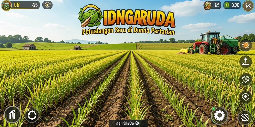 Screenshot permainan IDNGARUDA menampilkan kebun yang subur dan tanaman yang beragam.