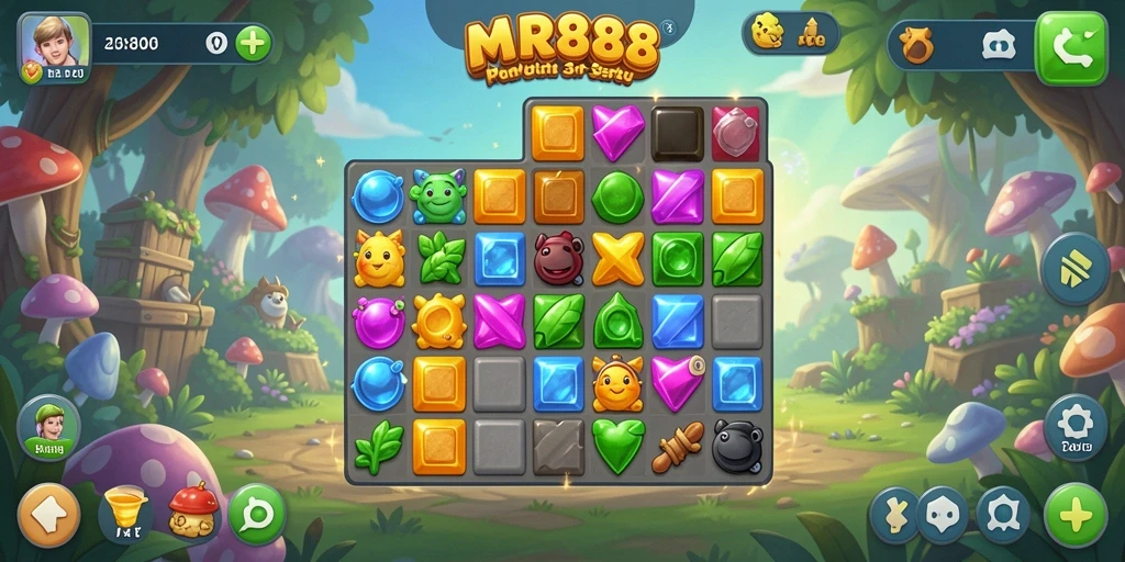 Tangkapan layar MR888 menampilkan kombinasi warna cerah dalam gameplay Match-3.