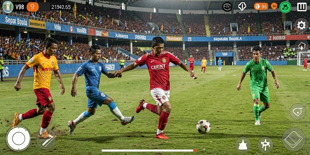 Tampilan gameplay V98 dengan aksi sepak bola yang mendebarkan.